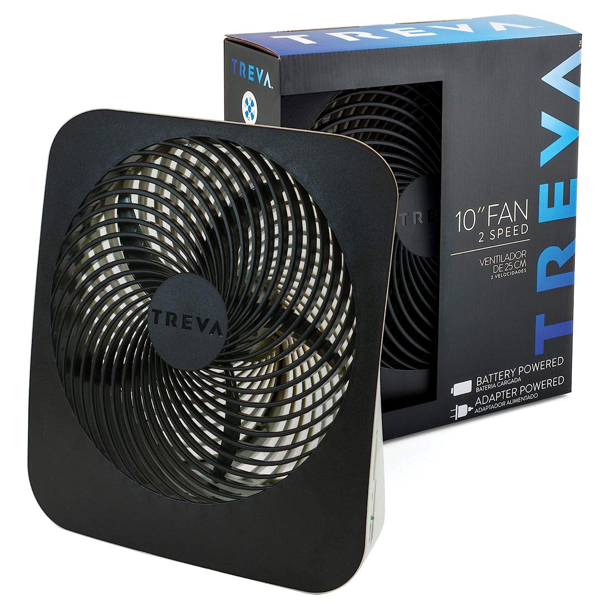 Treva Treva 10-Inch Portable Fan, Powered by Battery and/or AC Adapter - Desk Fan Air Circulating with 2 Cooling Speeds for Personal and Travel Use (Black)