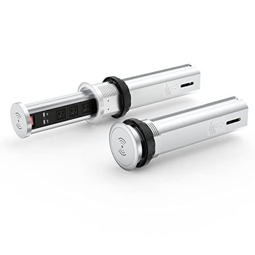 QBA Automatic Pop Up Power Outlet, Popup Wireless Charging Station with 3AC Plugs + 2 USB, Pop up Electrical Outlets for Countertops, Recessed Hidden Outlet for Kitchen Island Conference (Silver Black)