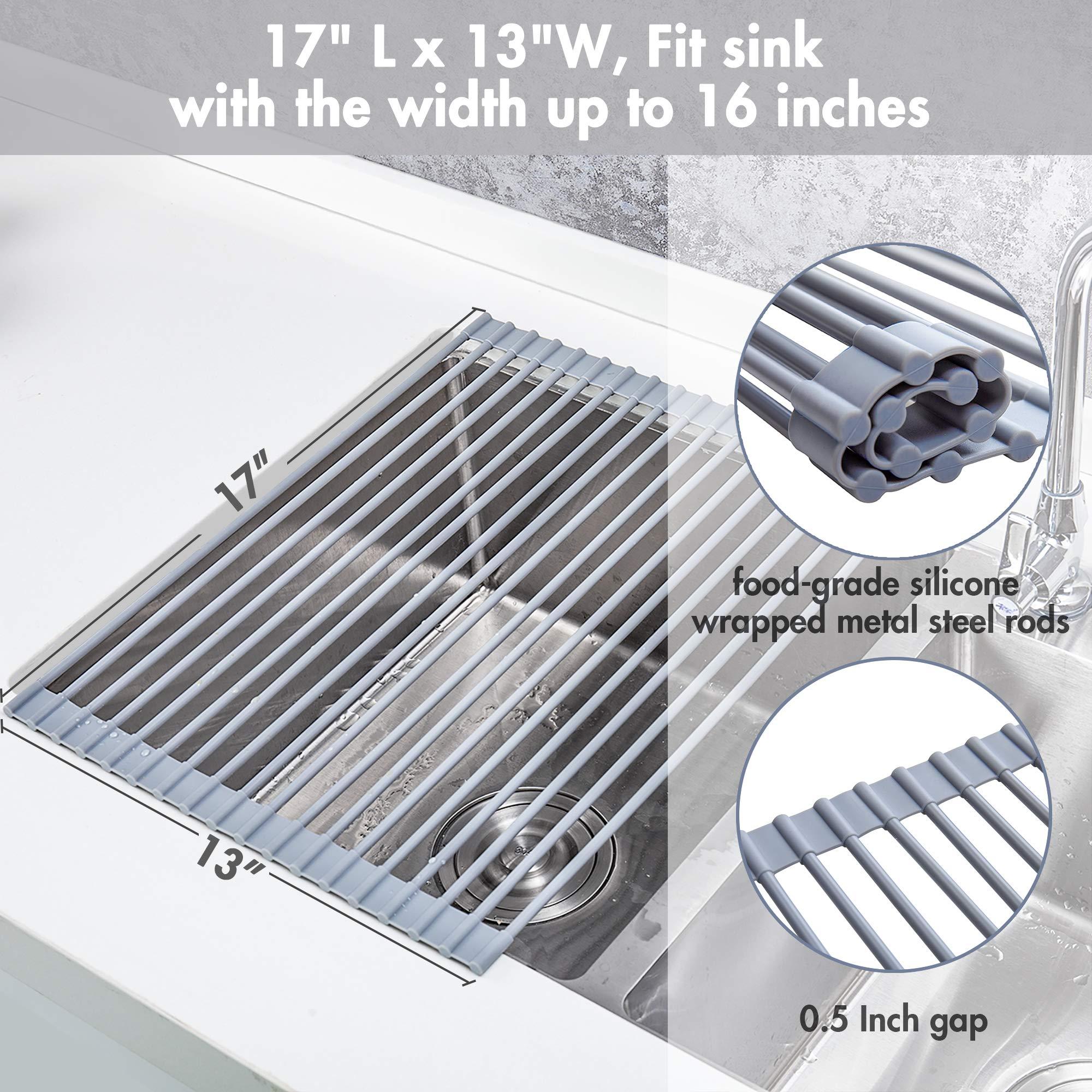 YIHONG YIHONG 2 Pack Roll Up Dish Drying Rack, 17\" L x 13\" W Over The Sink Dish Drying Rack, Kitchen Multipurpose Foldable Dish Drainer for Sink Counter,Gray