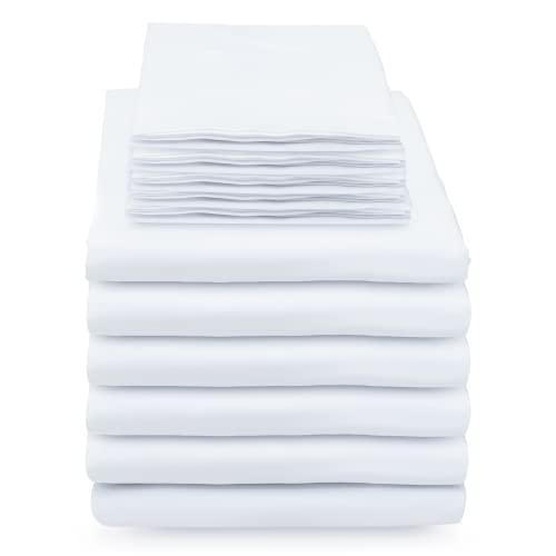GOLD TEXTILES Twin 6 Piece White Bed Sheets Set- 6 Flat Sheets (66x108)- 6 Fitted Sheets (39x80+10) and 12 Standard Pillowcases T-200 Economy Grade Bedding Sheets & Pillowcases Percale Wave Hotel Linens (Twin)