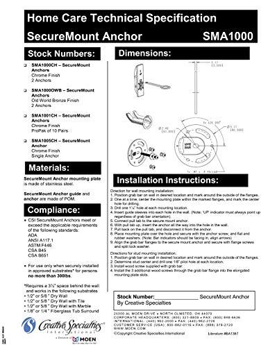Moen Moen SMA1015CH Home Care SecureMount Stainless Steel Bath Safety Wall Anchor, Chrome