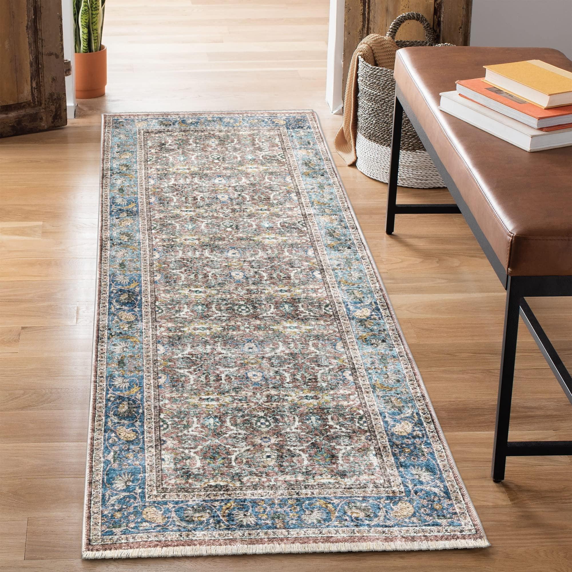 Bloom Rugs Bloom Rugs Caria Washable Non-Slip 10 ft Runner - Blue/Red Brown Traditional Runner for Entryway, Hallway, Bathroom, and Kitchen - Exact Size: 2\'6\" x 10\'