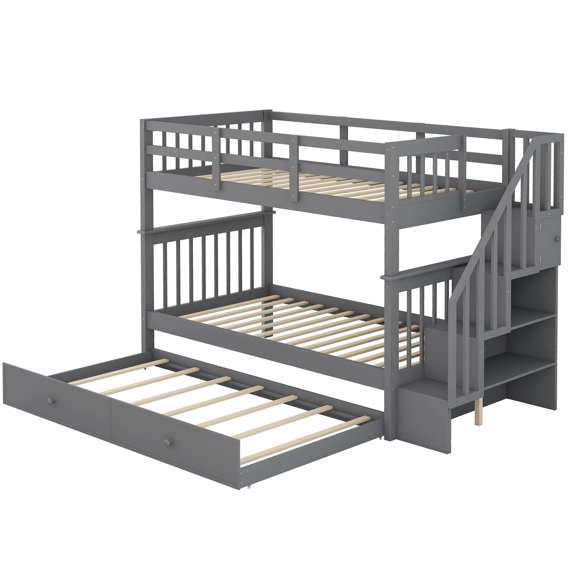 WEALTHKING WEALTHKING Stairway Bunk Bed with Trundle, Convertible Detachable Beds, Pine Wood Frame with Four-Step Staircase, Storage Shelves, Guardrails, No Box Spring Required (Grey,Twin over Twin)