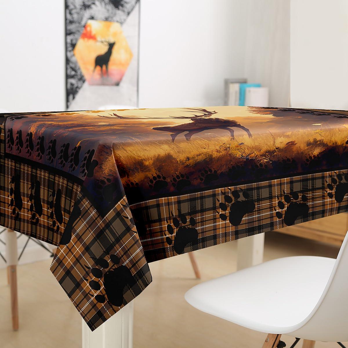 Homewish Homewish Cute Deer Tablecloths for Girls Boys Kids Hunting Wild Elk Deer Table Cover Men Room Decor Tree Paw Print Table Accessories Western Rustic Brown Plaid Print Table Cloth,55\"x71\"