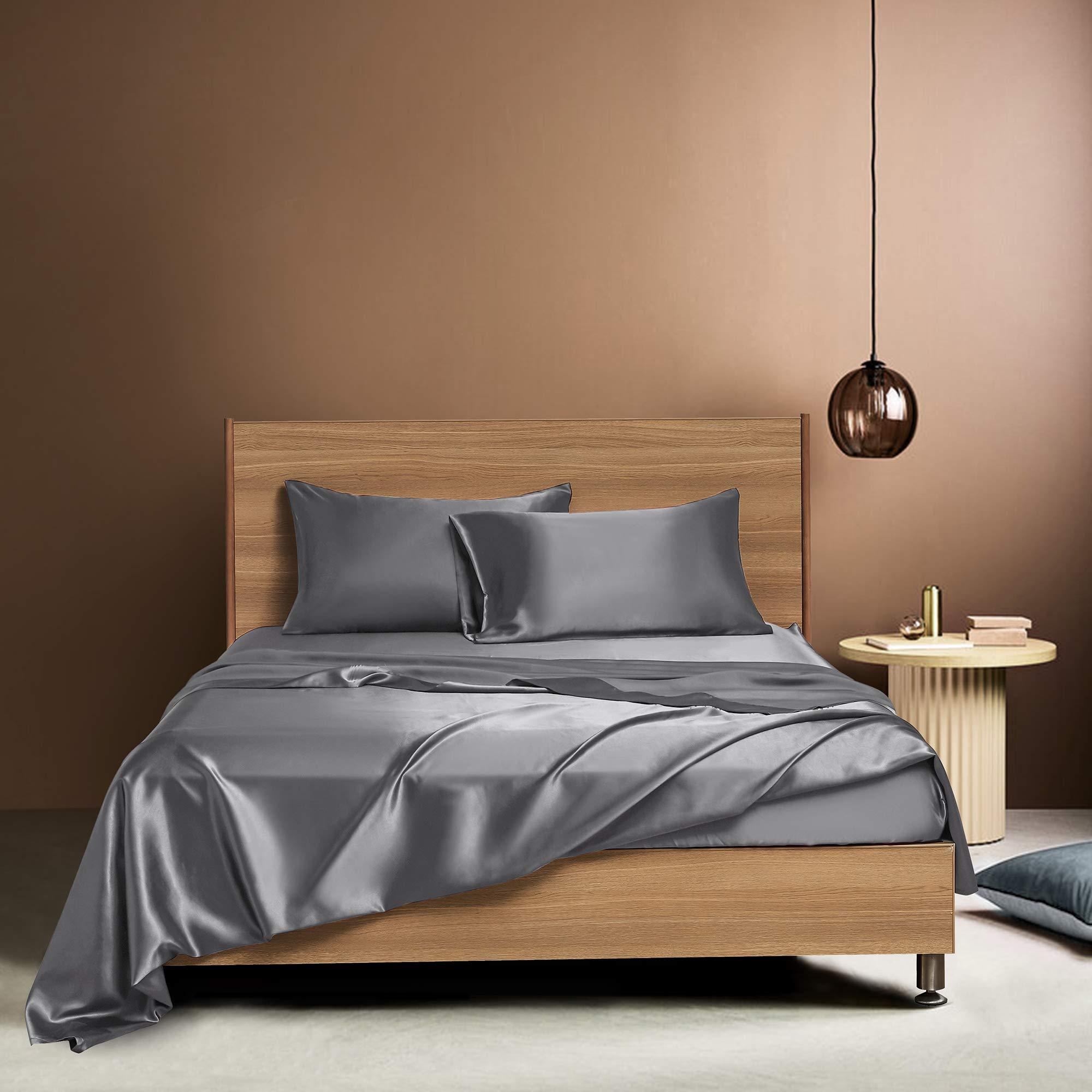 YASH BEDDING YASH BEDDING King Size 100% Pure Silk Satin Sheet Set 4pcs Silk Flat Sheet Silk Fitted Sheet 15\" Deep Pocket Mattress fit,& Pillowcases Cool Dark Gray Silk Sheets|Wrinkle Free Fade Resistant