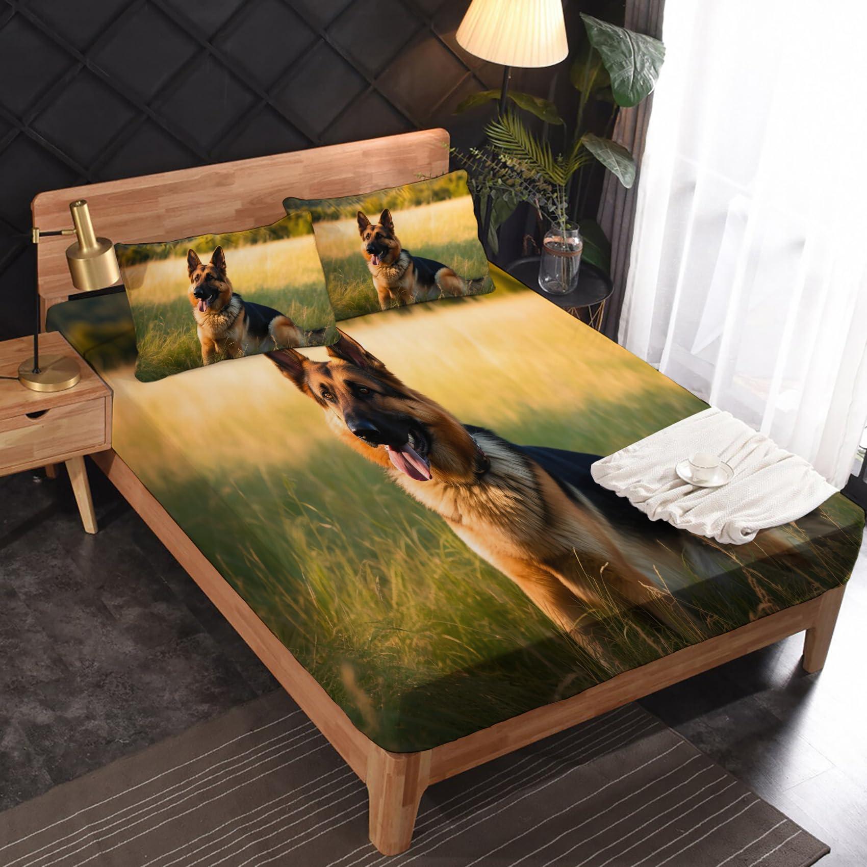 zcsm German Shepherd Sheets King Sheet Sets - Dog Bed Sheets, Soft Microfiber & Deep Pocket & Wrinkle Free Patterned Bedding Sheets & Pillowcases, 4 Piece ( 1 Fitted Sheet, 1 Flat Sheet, 2 Pillow Cases )