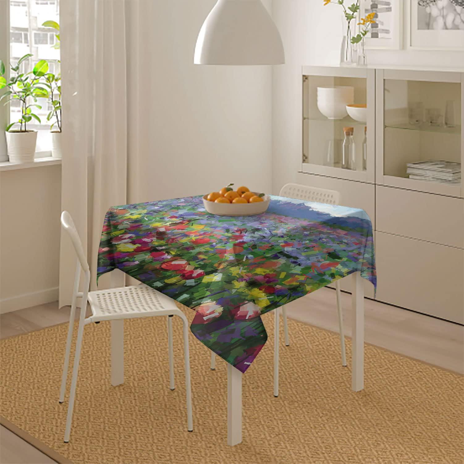 SongYi Spring Square Tablecloth 70x70 Inch, Washable Fabric Table Cloth for Kitchen Dining Camping, Abstract Watercolor Flower Oil Proof Tablecloths, Colorful