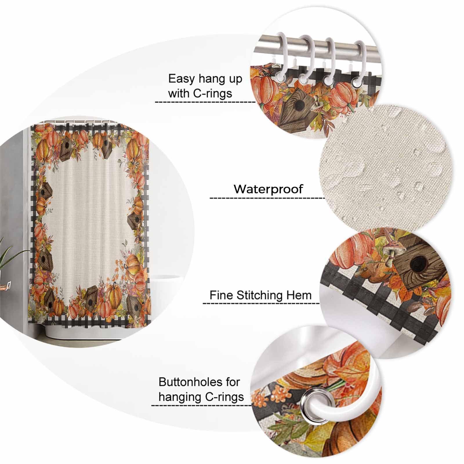 ZOE GARDEN Thanksgiving Autumn Shower Curtain Set with Hook 36\"x72\",Washable Cloth Polyester Fabric Shower+Curtain,Waterproof Bath Curtains for Bathroom,Bathtubs Accessories Farmhouse Pumpkin Mushroom Leaves