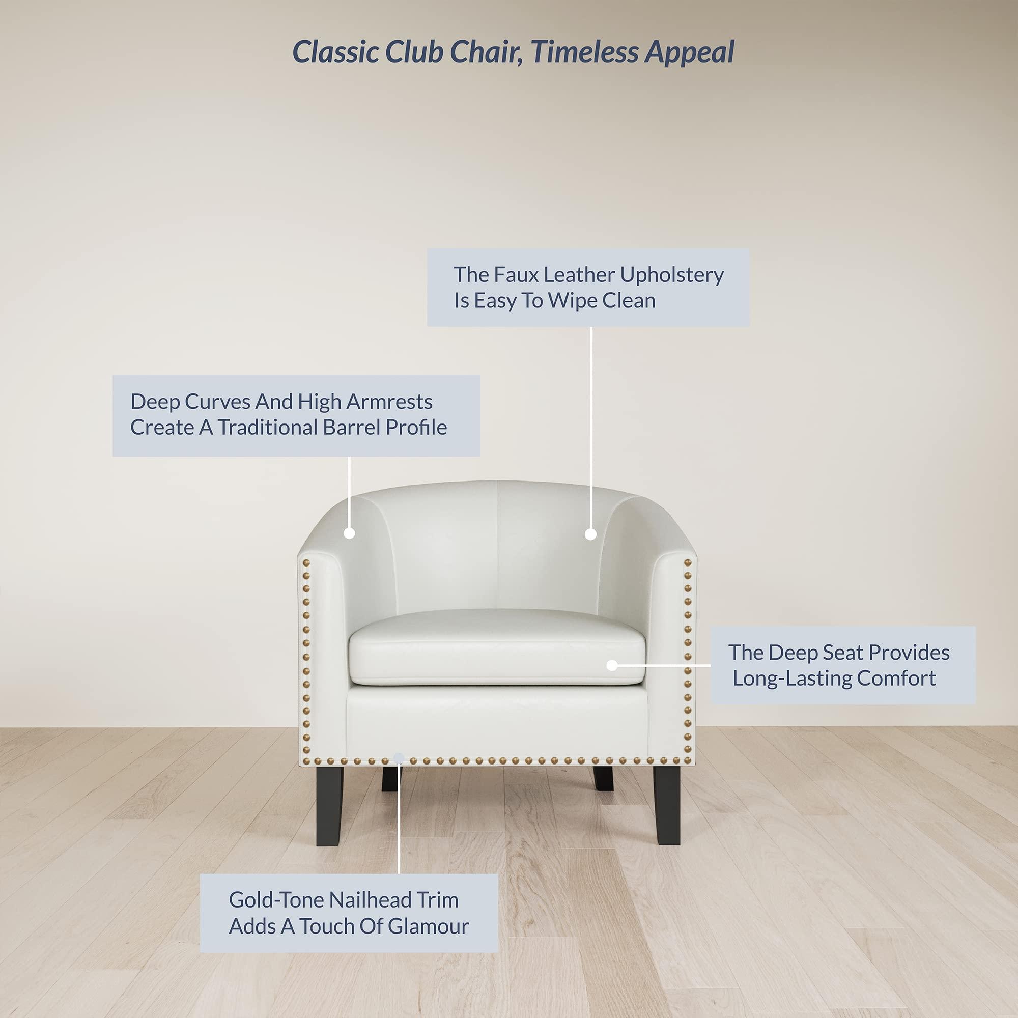 BELLEZE BELLEZE Accent Barrel Chair, Modern Tub Club Chair Upholstered Armchair for Living Room, Faux Leather Chair with Gold Nail Head Trim Black Legs - Kyara (White)