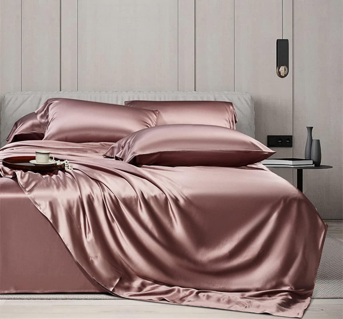 Orose Orose 4Pcs 25 Momme Charmeuse Silk Flat Sheet Set 100% Mulberry Seamless Silk Bedding Sheets Top Bottom Sheet (Light Plum, California King)