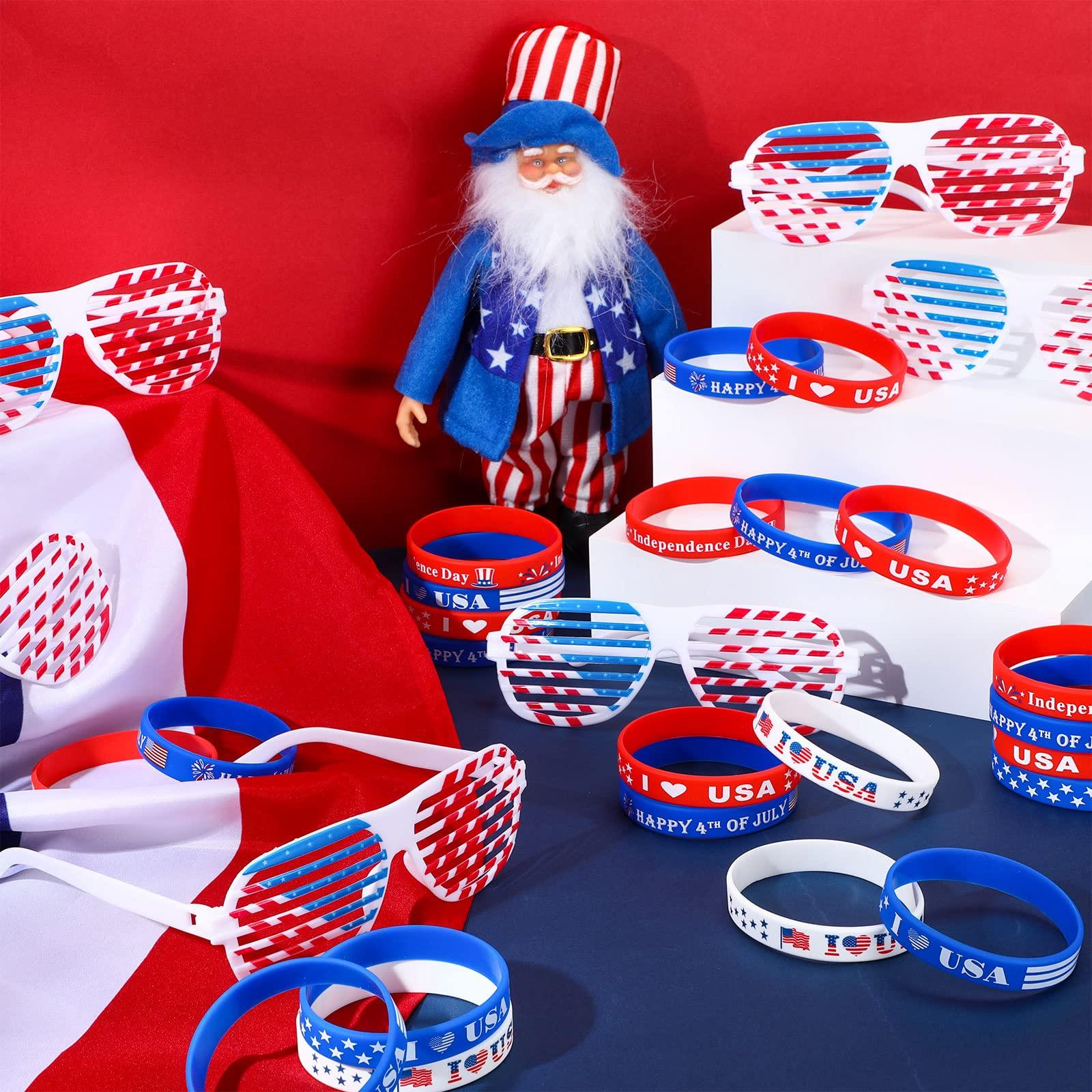 Estune Estune 100 Pcs 4th of July Party Favors 50 Patriotic Shutter Glasses Bulk 50 American Flag Silicone Bracelets Patriotic Party Favors for Independence Day Fourth of July Party