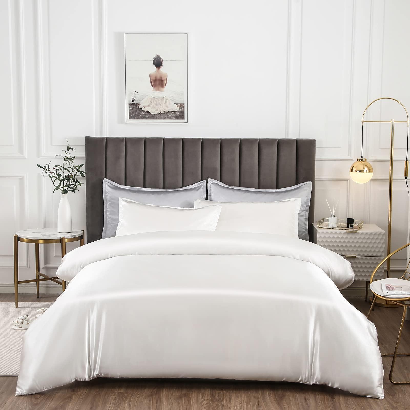 Wega Linen Wega Linen White Full Satin Duvet Cover (1 Comforter Cover) Silky Bedding 1 Piece with Zipper Closure