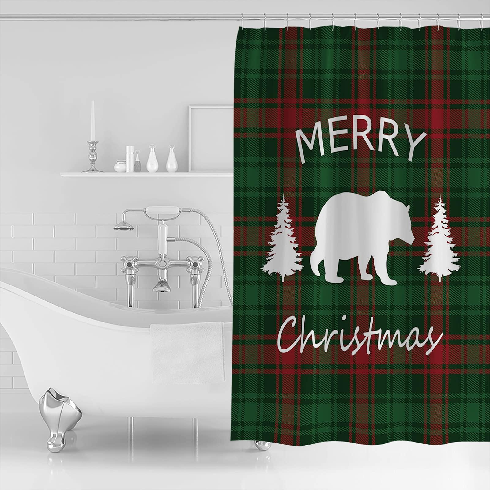 Prime Leader Christmas Shower Curtain for Bathroom Merry Christmas Bear and Tree Red Green Buffalo Plaid Waterproof Shower Curtain Set with 12 Hooks Washable Shower Curtains for Bathtubs Hotel 36\" x 72\"
