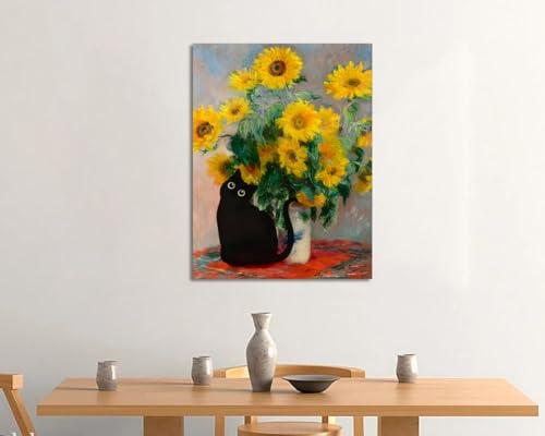 FOSULA Monet Cat Wall Art - Claude Monet Cat Wall Art Prints - Cat Monet Art - Monet Sunflowers Cat Canvas Print - Claude Monet Cat Poster - Monet Sunflowers Cat Wall Decor - Framed Ready to Hang