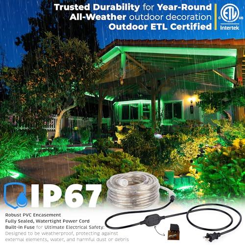 WYZworks WYZworks 1656LEDs 150ft LED Outside Rope Lights, Outdoor ETL Certified Waterproof Permanent 360 Degree Light Emitting, Flexible Tube, Connectable, Christmas Palm Tree Exterior Landscape, Green