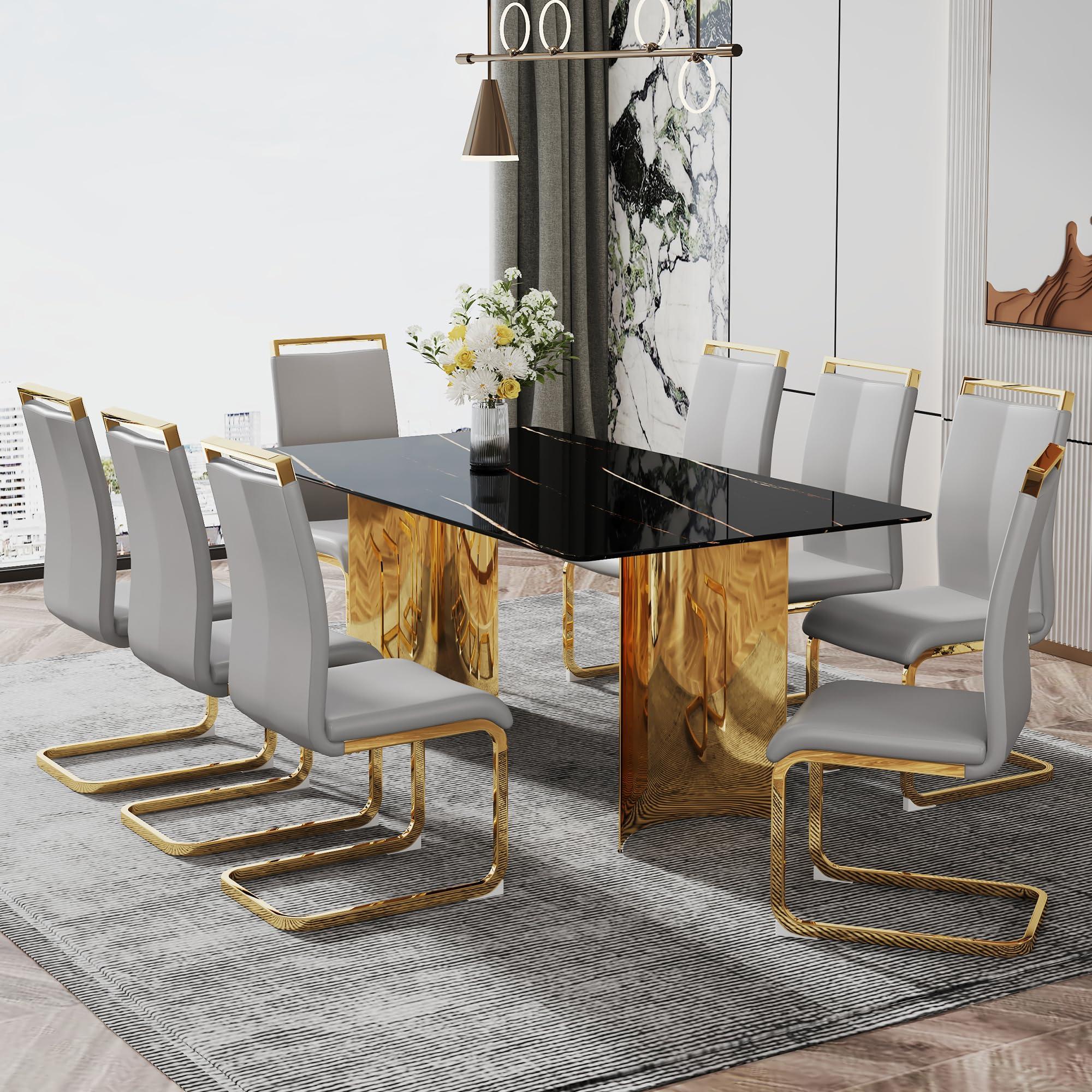 MUUOKY MUUOKY 71''Dining Table Set for 8,Kitchen Table and Chairs for 8, 0.39-Inch Thick Tabletop with Chrome-Plated Stainless Steel Base and 8 PU Leather Chairs, for Kitchen Dining Room