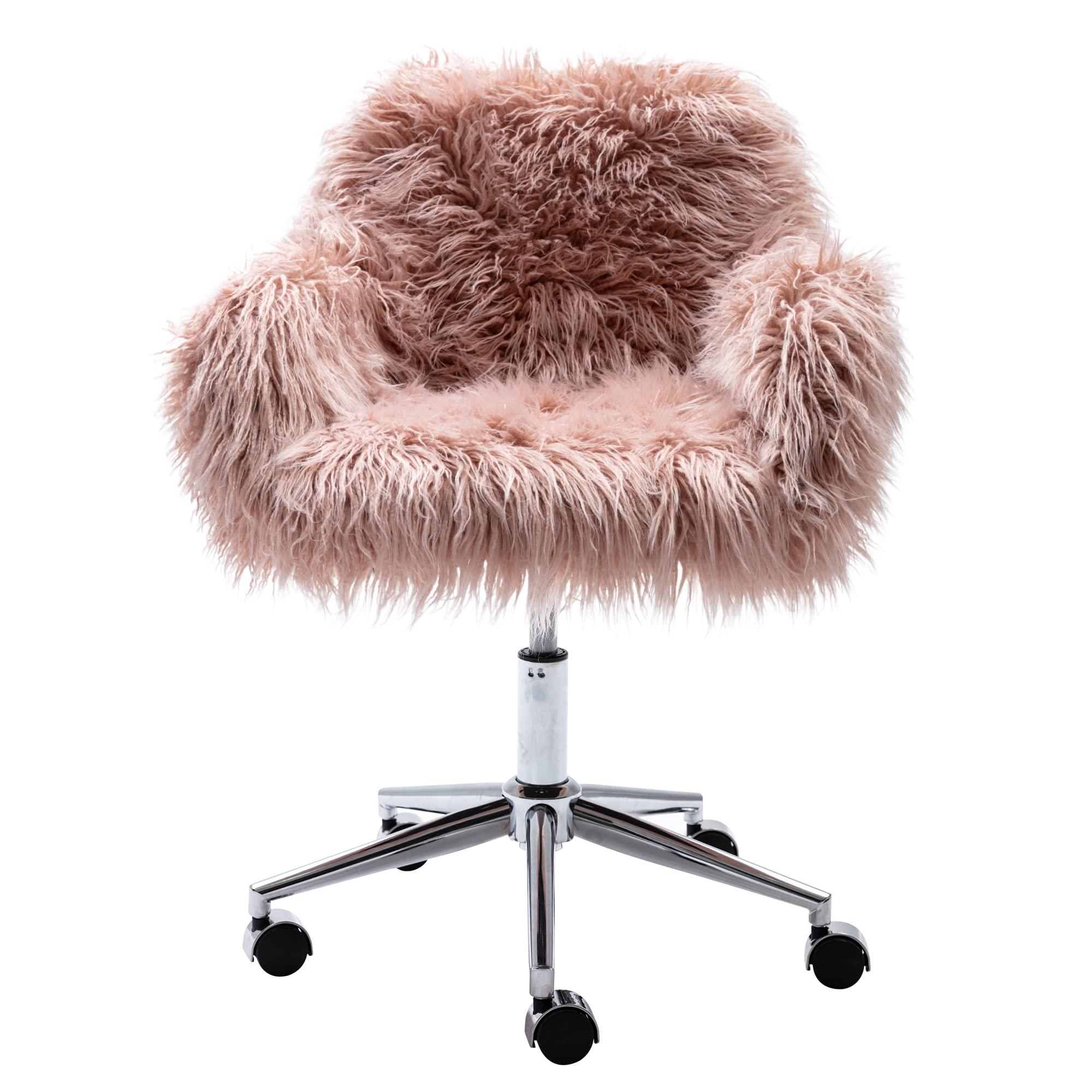 HomVent HomVent Faux Fur Vanity Chairs with Wheels Pink Furry Makup Desk Chair for Kids,Women,Grils,Cute Home Office Computer Chair,Swivel Task Arm Chairs for Bedrooms,Living Room,Study,Dressing
