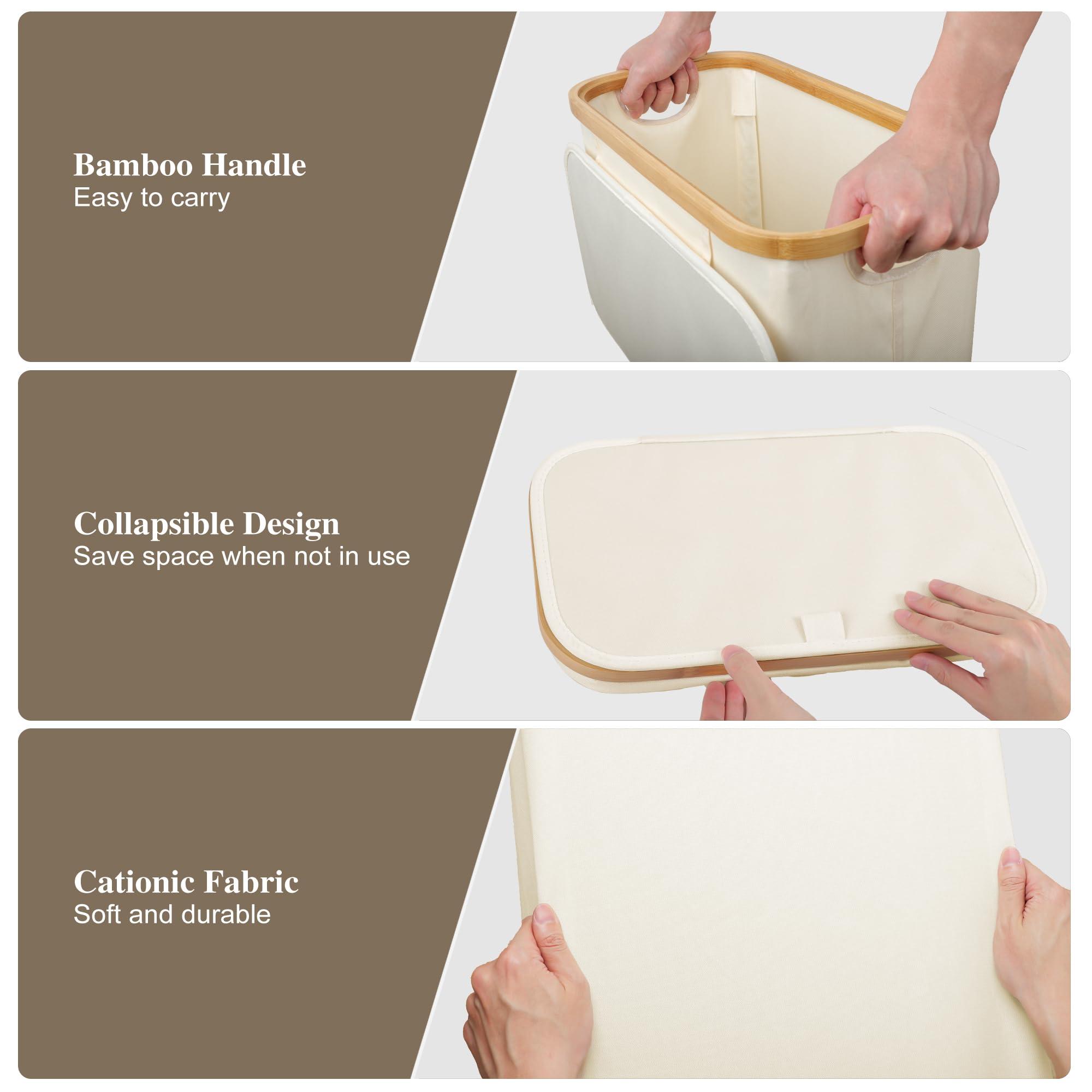 Foluck Foluck Slim Laundry Hamper, 60L Waterproof Narrow Laundry Basket with Lid and Removable Bag, Collapsible Tall Clothes Hamper with Bamboo Handles for Clothes Toys in Dorm Bedroom Bathroom, Beige