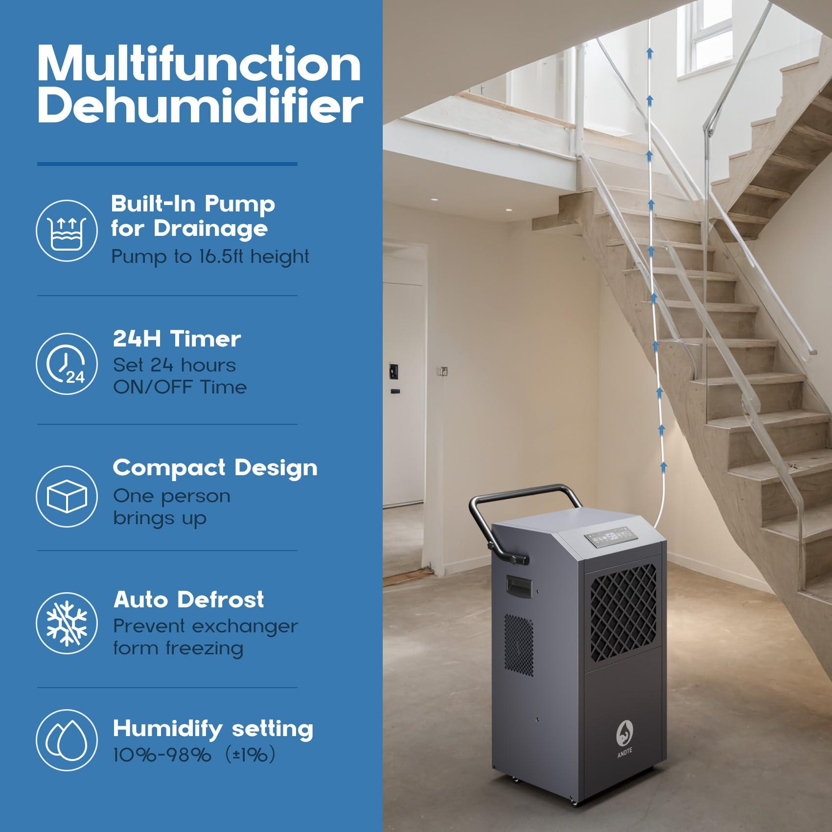 ANDTE ANDTE 190 Pints Commercial Dehumidifier with PumpDrain HoseIndustrial Dehumidifiers,Built-In Pumpfor Basement, Crawl Space, and Job Sites