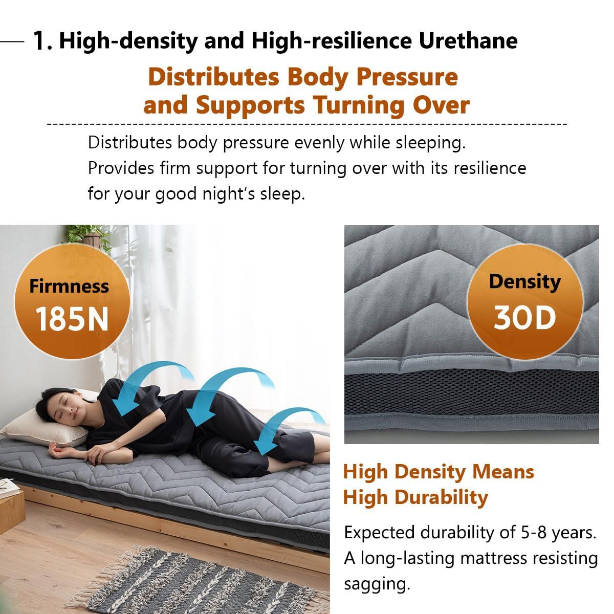 EMOOR EMOOR Japanese Wool-Blend Padded Futon Mattress GOMA Queen Dark Gray, Gusset Foldable Sotrable Elastic Bands Floor Sleeping Guest Bed Tatami Mat