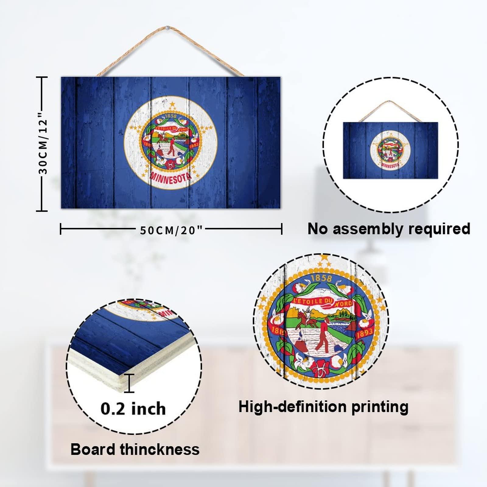 TEANFUN TEANFUN Minnesota State Wood Hanging Sign Rustic Minnesota State Flag Wood Wall Sign Hanging Decorative Door Wood Sign for Rustic Home Decor 12x20 Inch