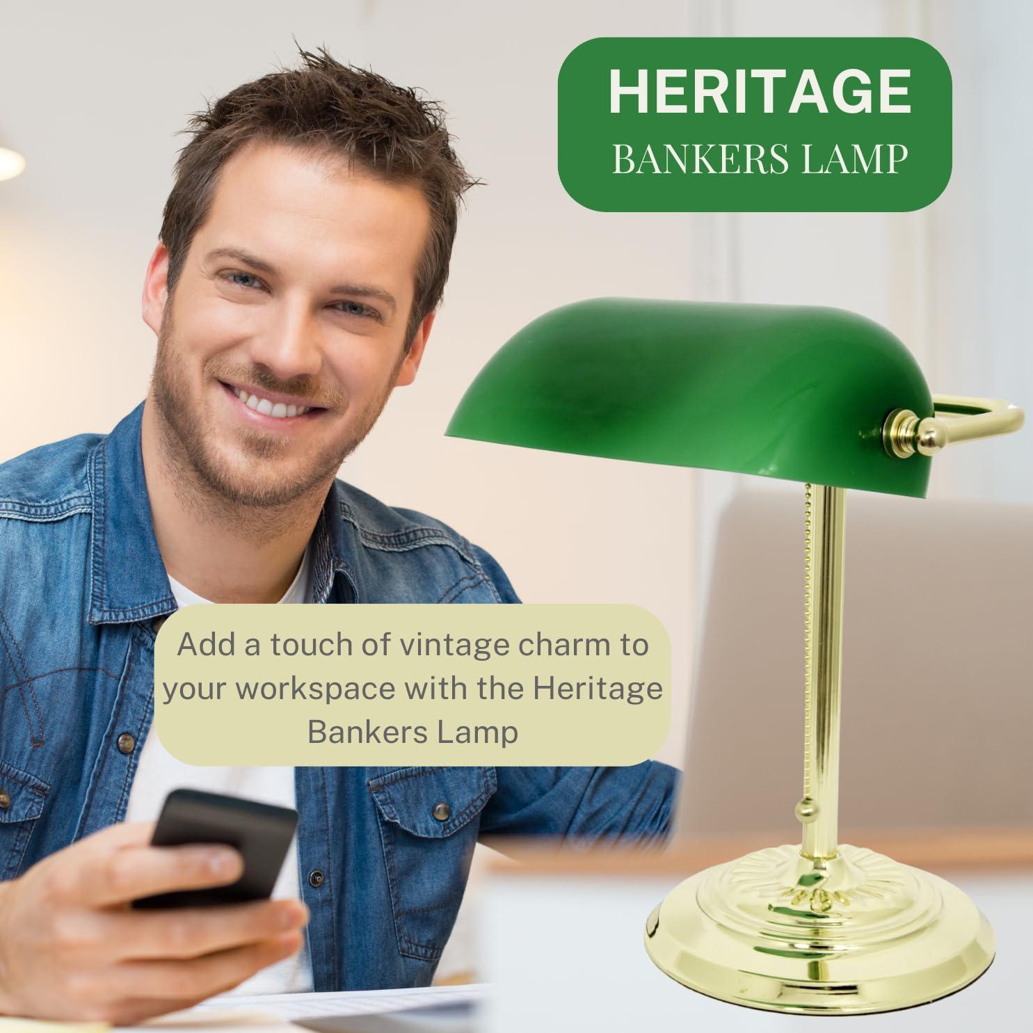 LIGHTACCENTS LIGHTACCENTS Traditional Bankers Desk Lamp with Green Glass Shade and Nickel Finish - Classic Study Light Perfect for Office and Home Workspace - Elegant Small Banker Lamp for Reading