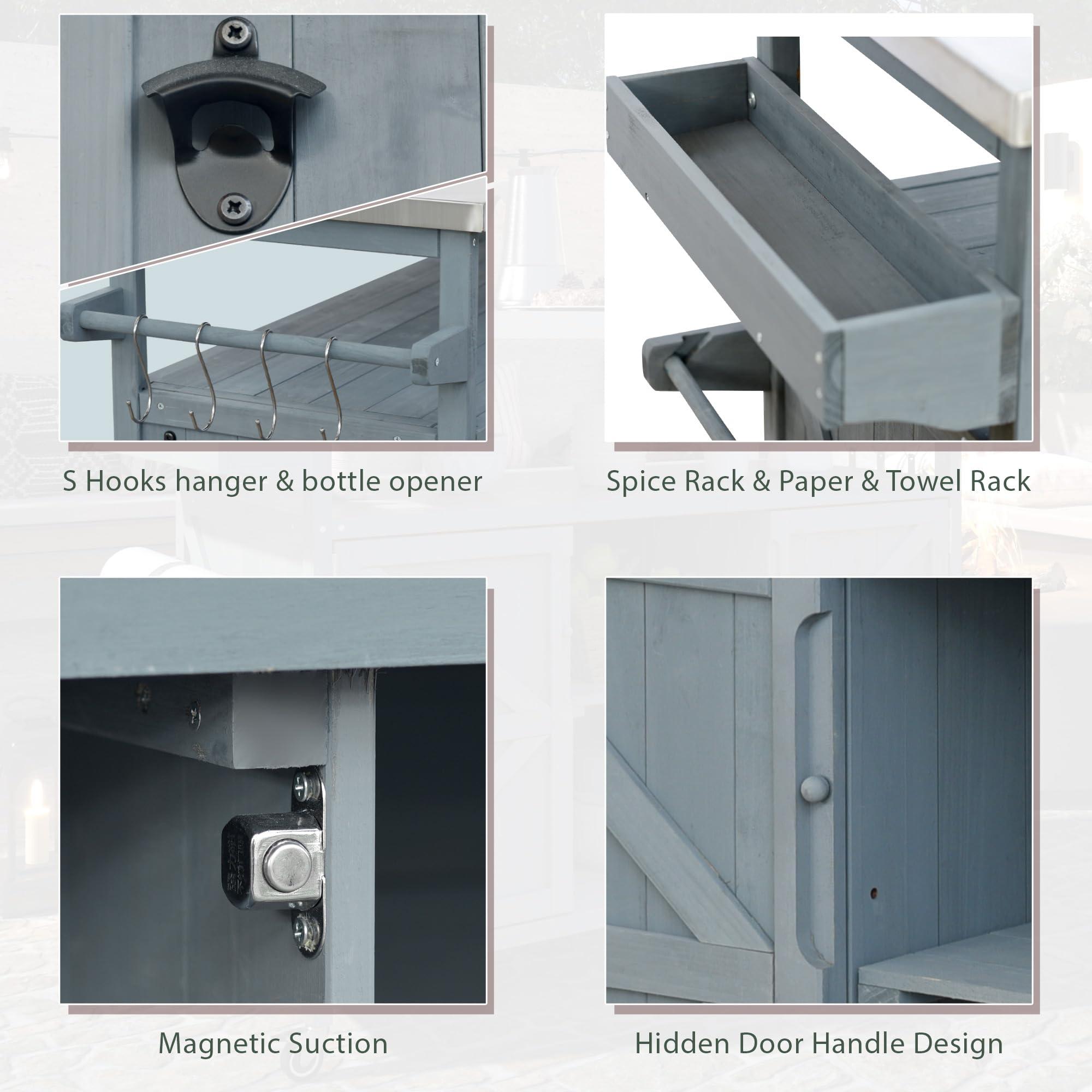 Merax Merax Outdoor Kitchen Island, Stainless Steel Kitchen Island with Storage, Wood Rolling Coffee Grill Bar Cart with Spice Rack Towel Rack, Grey Blue