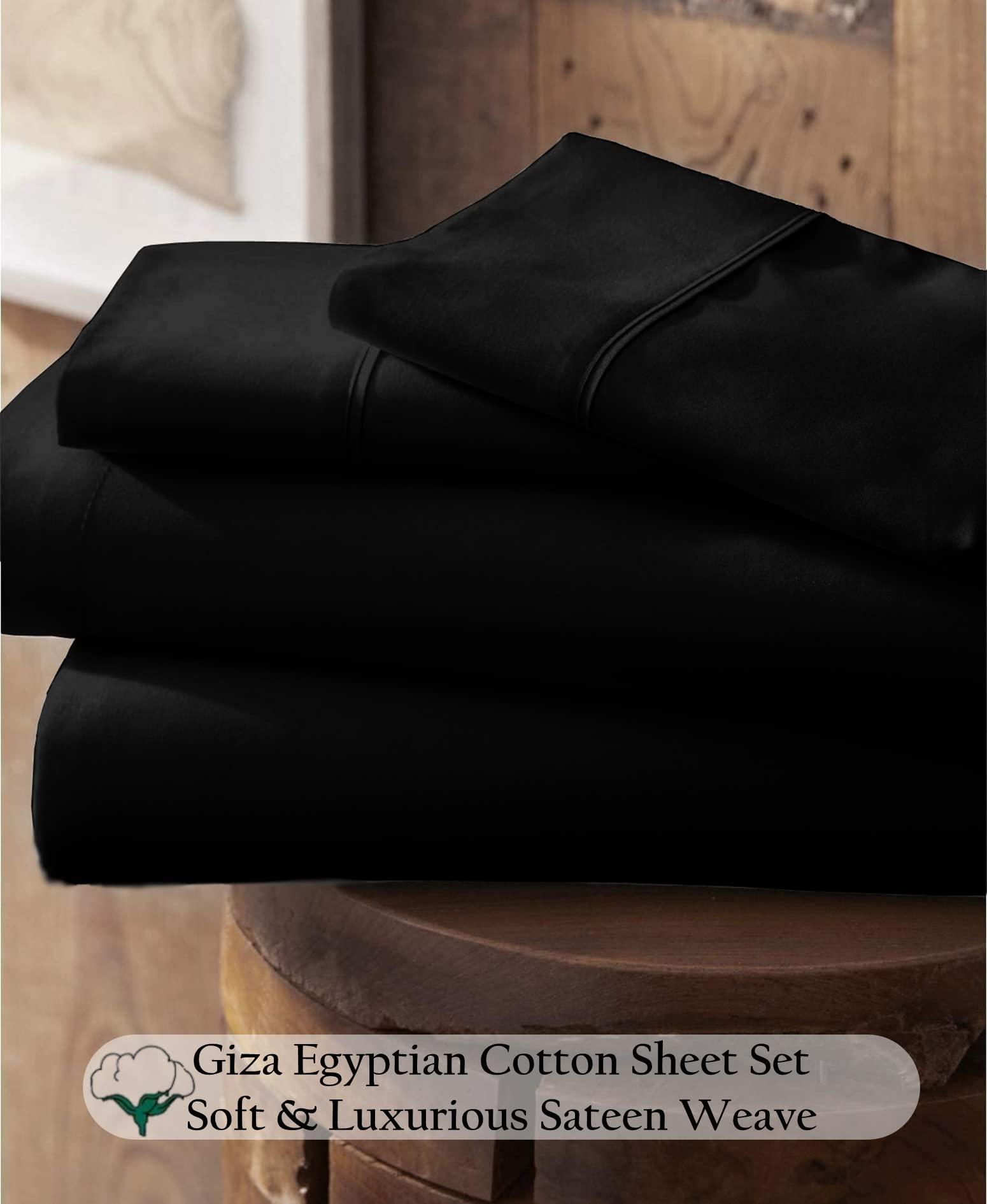 Lupsty My-100%-Certified-Giza-Cotton-Pillow-Sheet, Giza Egyptian Sheet Set Split King Size Size, Soft Sateen Weave, Breathable Fabric, Fits Upto 12-Inch Deep Pocket - Split King Size, Black
