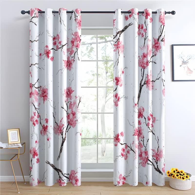 TAKUAN TAKUAN Cherry Blossom Curtains for Bedroom Living Room, Sakura Blackout Curtains 63 Inch Length 2 Panels Set, Thermal Insulated Grommet Drapes, Decorative Patterned Window Treatments