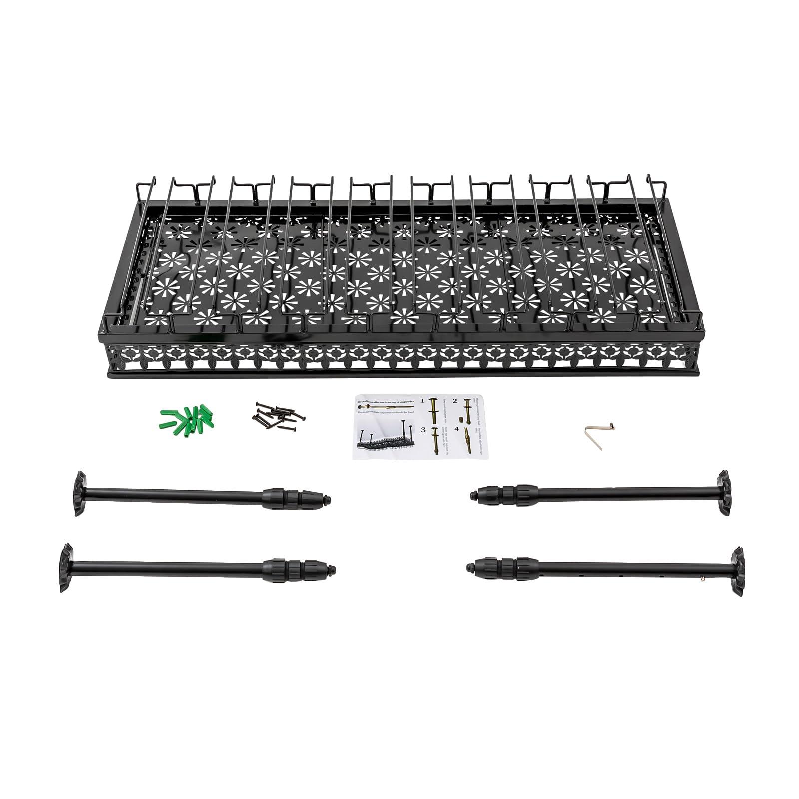 CNCEST Black Vintage Wine Glass Rack, 13.78\"- 21.65\" Height Adjustable Ceiling Mounted Hanging Wine Bottle Holder Stemware Hanger Rack Metal Bar Floating Shelf for Bar Kitchen, Capacity: 36 Goblets(L: 90cm)