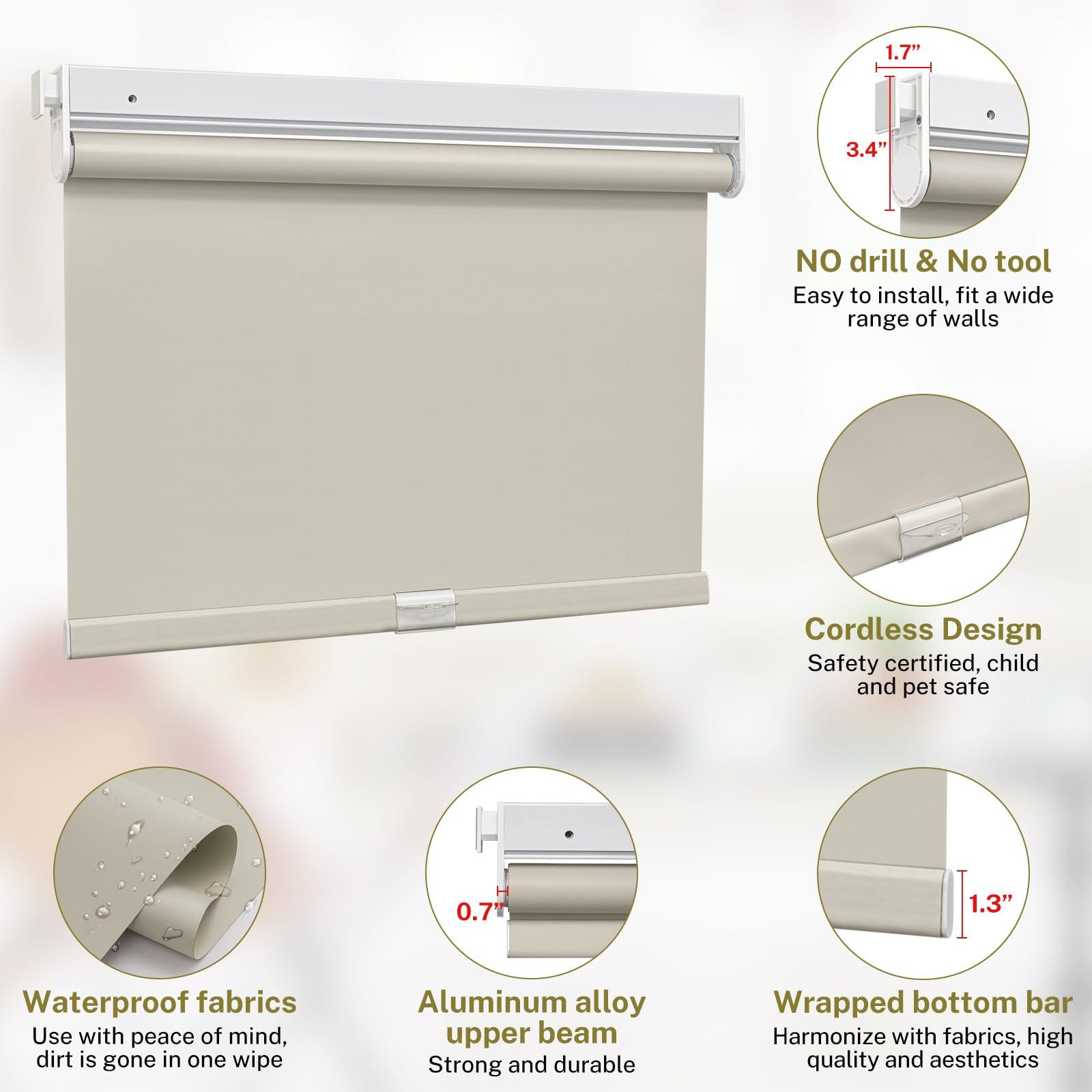 moonice Moonice No Drill Cordless Roller Blinds Waterproof Blackout Blinds for Windows, No Screw Roller Shades Thermal Insulated UV Protection Privacy Window Shades for Home,Office,Bedroom,Door,Khaki