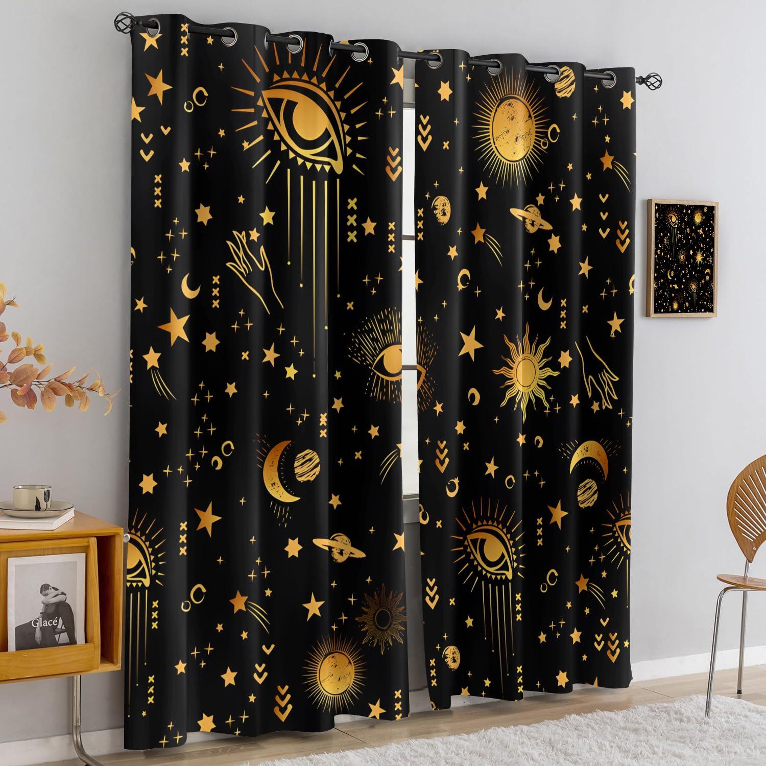 PFFM Black Gold Celestial Curtains Blackout, Moon Phase Celestial Sun Stars Goth Mystic Art Grommet Curtains, Light Reducing Thermal Insulated Window Curtains for Bedroom-21 W X 45" L X 2 Panels