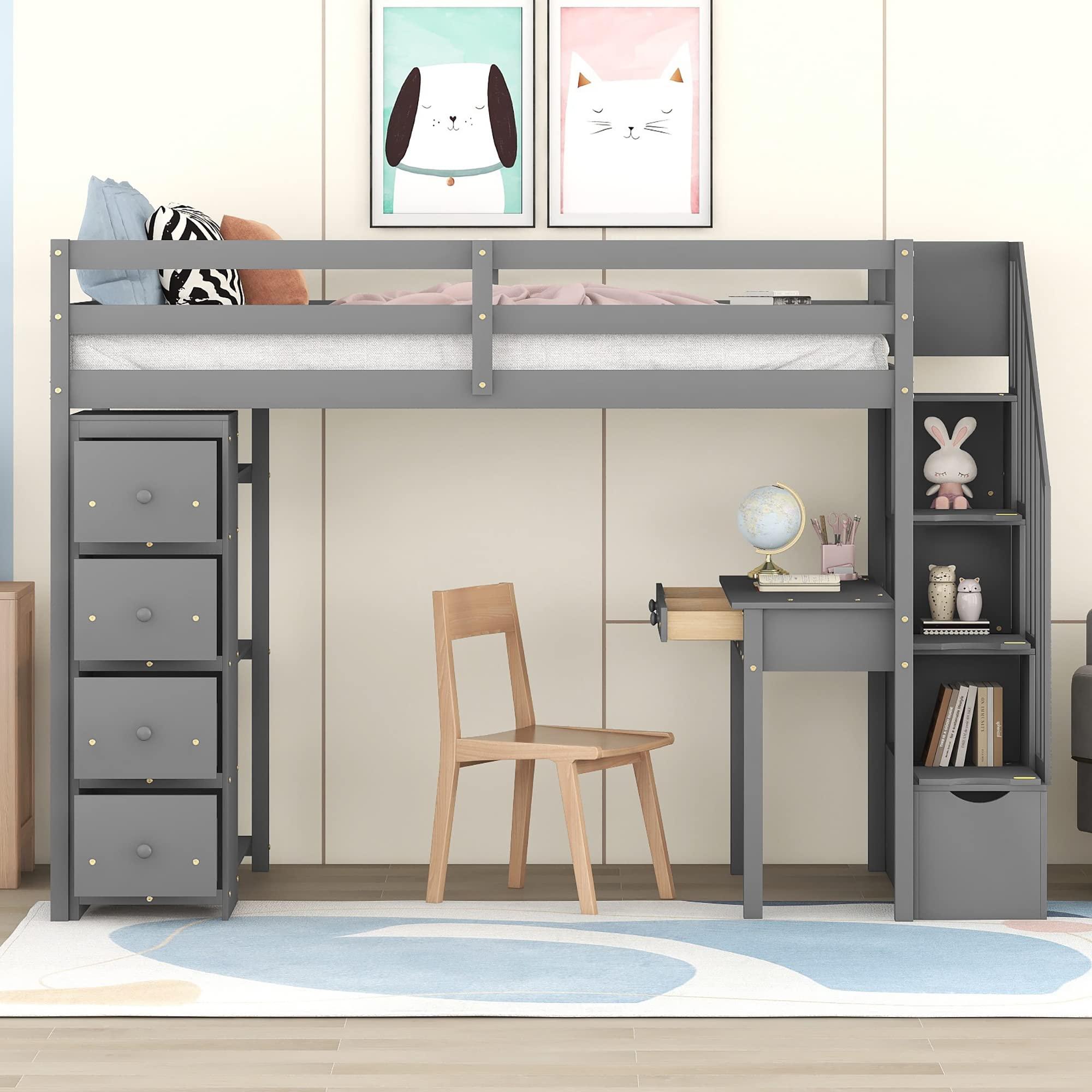 JIVOIT JIVOIT Wooden Twin Loft Bed Frame with Built-in Desk and Storage Stairs, Storage Loft Bed with 4 Storage Drawers and Shelves, Multifunctional Loft Bed for Kids Teens (Gray-Desk-6)