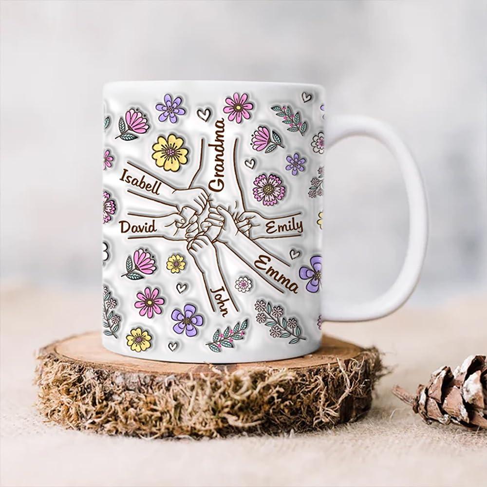 TrendingAz Custom Grandma 3D Inflated Effect Printed Holding Hand Mug, Grandma Kid Mug With Name, Gift For Mom Grandma, Birthday Gift, Mothers Day Gift, Holding Hand Grandma Mug, Family Custom Mug