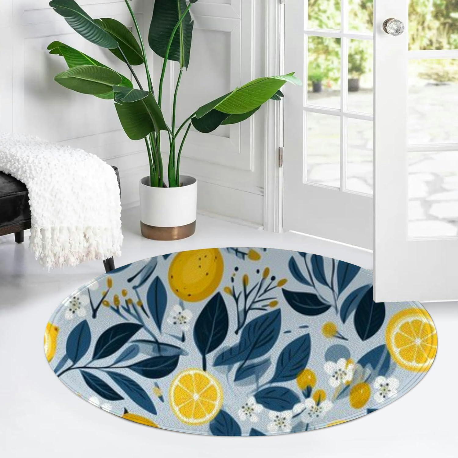 TIAYOUORTY Small Round Rug 3ft Circular Circle Rugs Round Bathroom Entryway Bedroom Kitchen Washable Area Rug Carpet 3 Feet Lemon Drawing White Blue and Yellow Rug