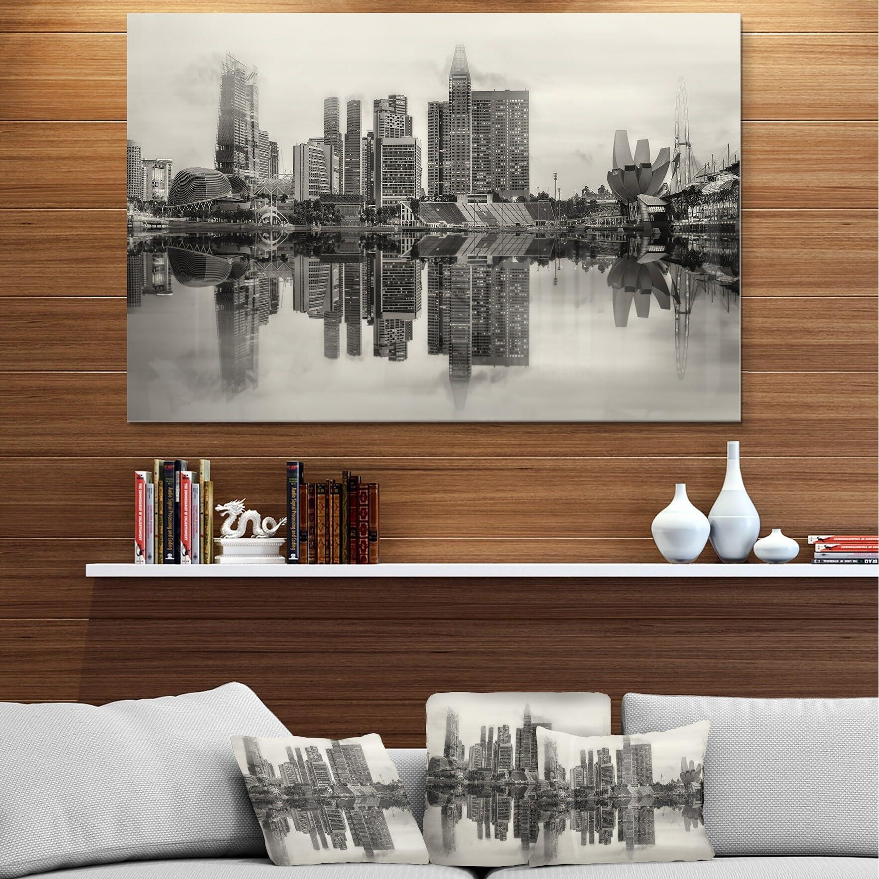 Design Art Design Art Singapore Skyline View Panorama Cityscape Metal Wall Art, 30\'\' H x 40\'\' W x 1\'\' D 1P, Black/White