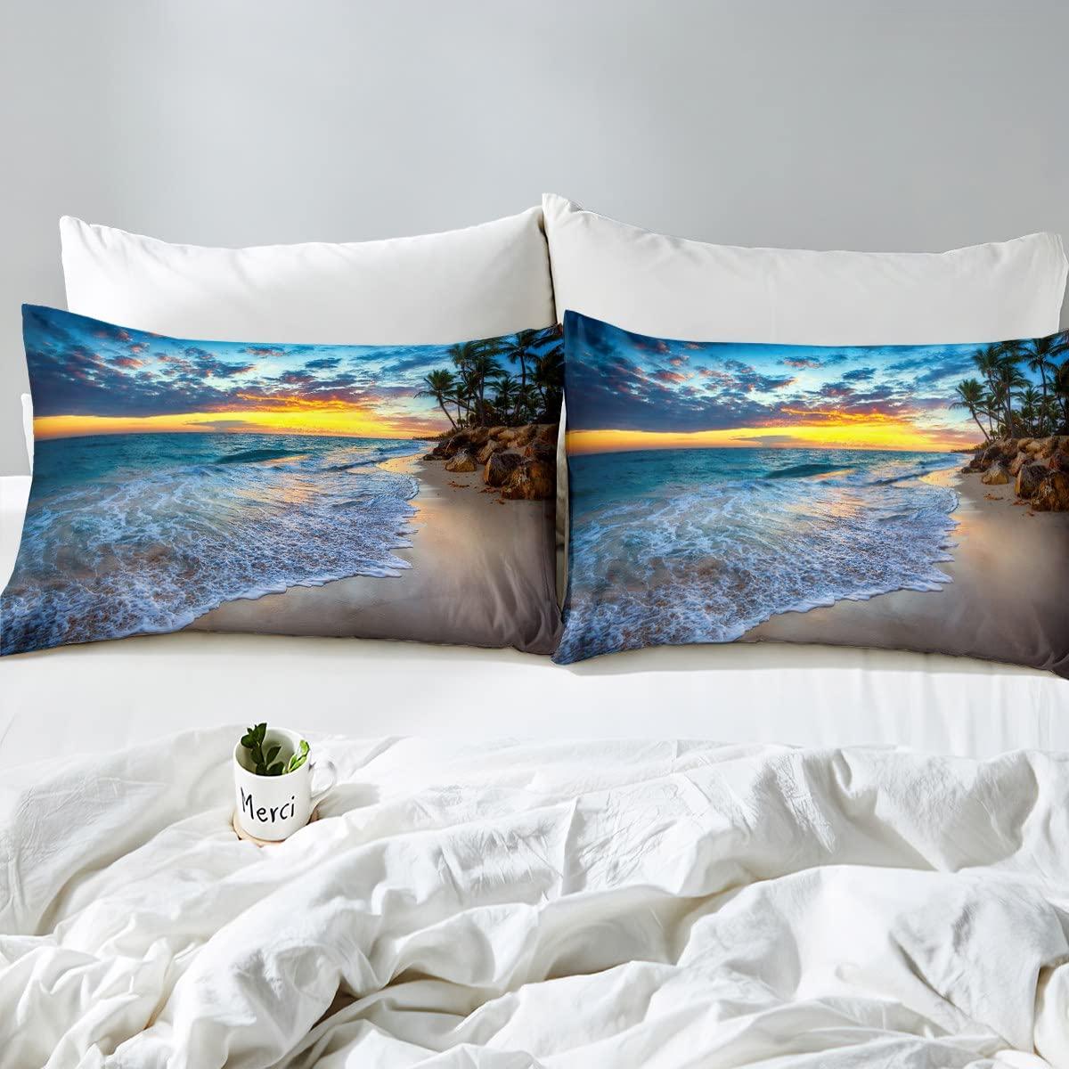 Erosebridal Beach Duvet Cover Full Ocean Bedding Kids Girls Boys Hawaiian Sea Waves Comforter Cover Tropical Sunset and Sea Beach Nature Theme Print bedding Botanical Beach House Decorative Bedspread with Zipper
