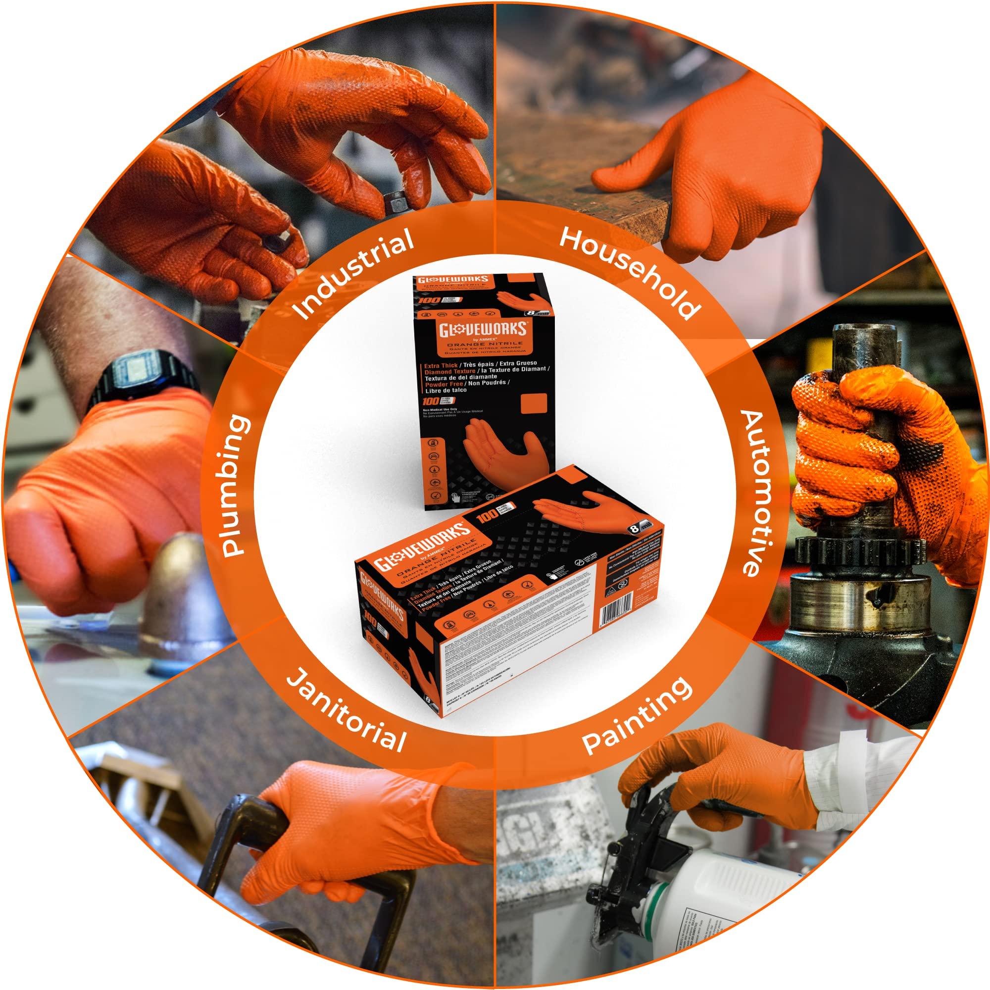GLOVEWORKS GLOVEWORKS HD Orange Nitrile Industrial Disposable Gloves, 8 Mil, Latex-Free, Raised Diamond Texture, XX-Large, 2 Boxes of 100