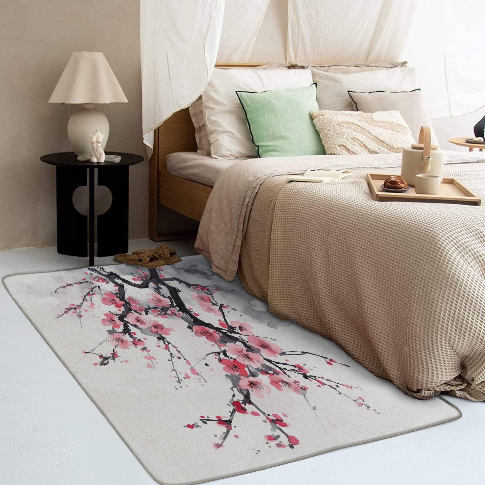 GEDAEUBA Cherry Blossom Rug 6x8 ft, Area Rug, Japanese Rugs for Living Room Bedroom, Ink Painting Carpet, Kids Room Decor for Boys Girls, Washable Non Slip Soft Low Pile Indoor Area Rugs