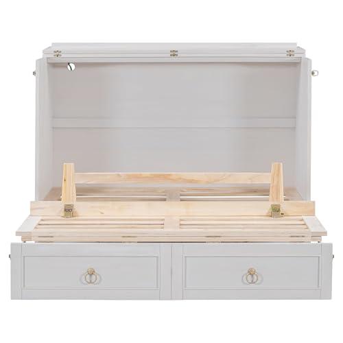 YOPTO YOPTO Murphy Bed Cabinet Full Size,Folding Wall Bed Chest with Large Storage Drawers,Hidden Platform Bed Frame W/USB Ports,Space-Saving,Easy Assembly,for Bedroom,Guest Room,Office,White