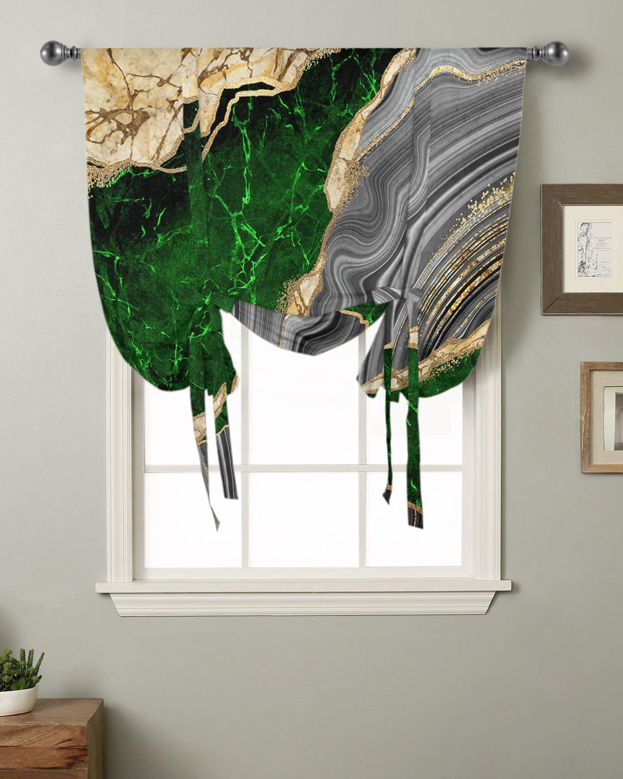 Yukro Tie Up Curtains Window Shades, Abstract Emerald Green Grey Gold Marble Rod Pocket Tie Up Window Shade, Adjustable Balloon Curtain Shade for Blinds Kitchen Bathroom, 1 Panel, 52"x45"