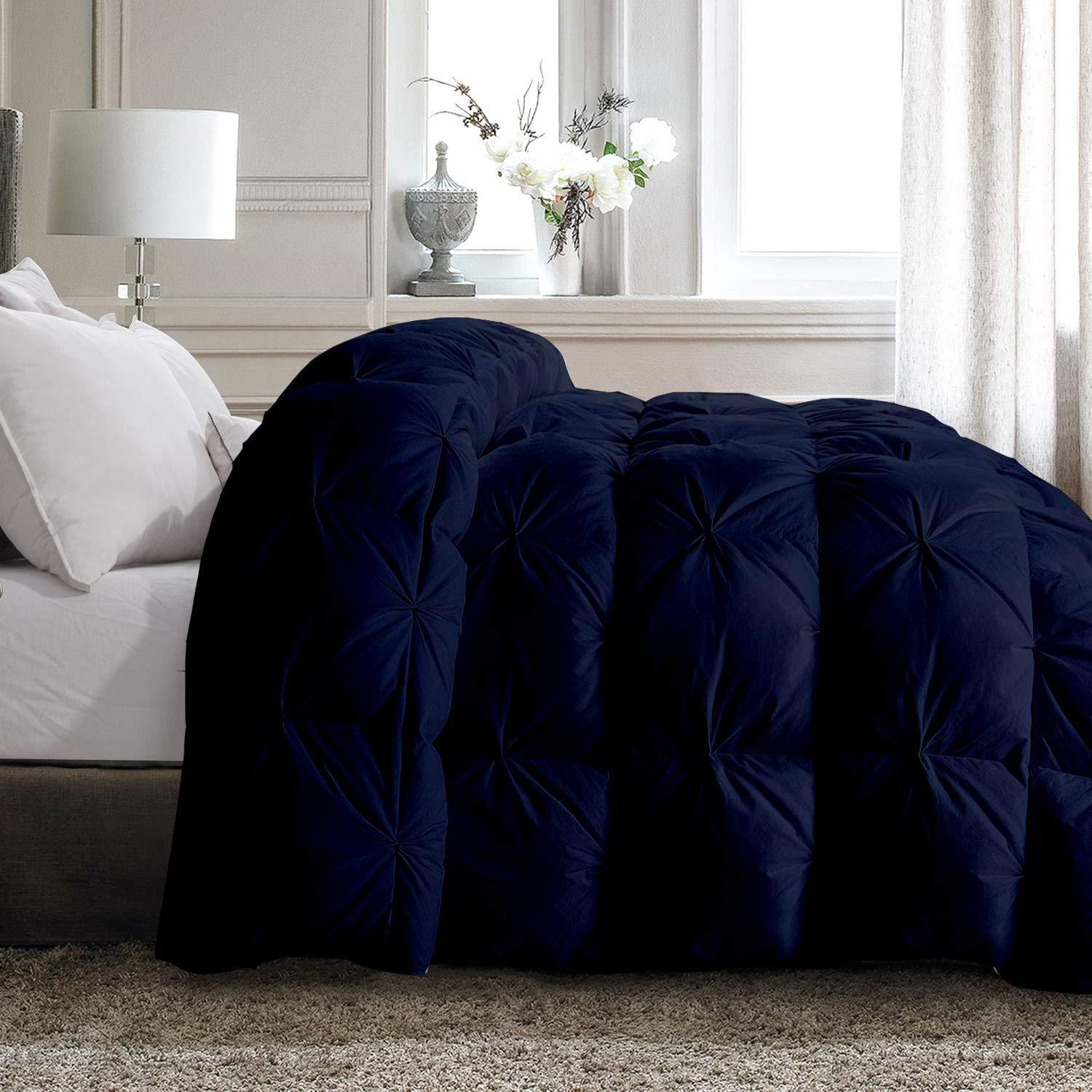 All Star Linen 800 TC Cotton Comforter Queen (88\'\' x 92\'\') All-Season 3 Piece Quilted Pinch Pleated Comforter Set Navy Blue