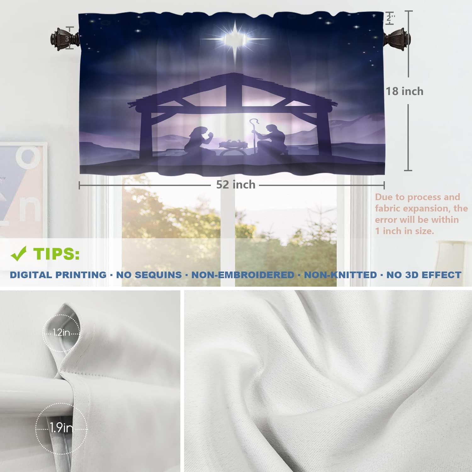 Shrahala Shrahala Christmas Kitchen Valances, Stars Baby in The Manger Half Window Curtain Window Treatment Multilayer Polyester Blackout for Living Room Bathroom 52 x 18 in