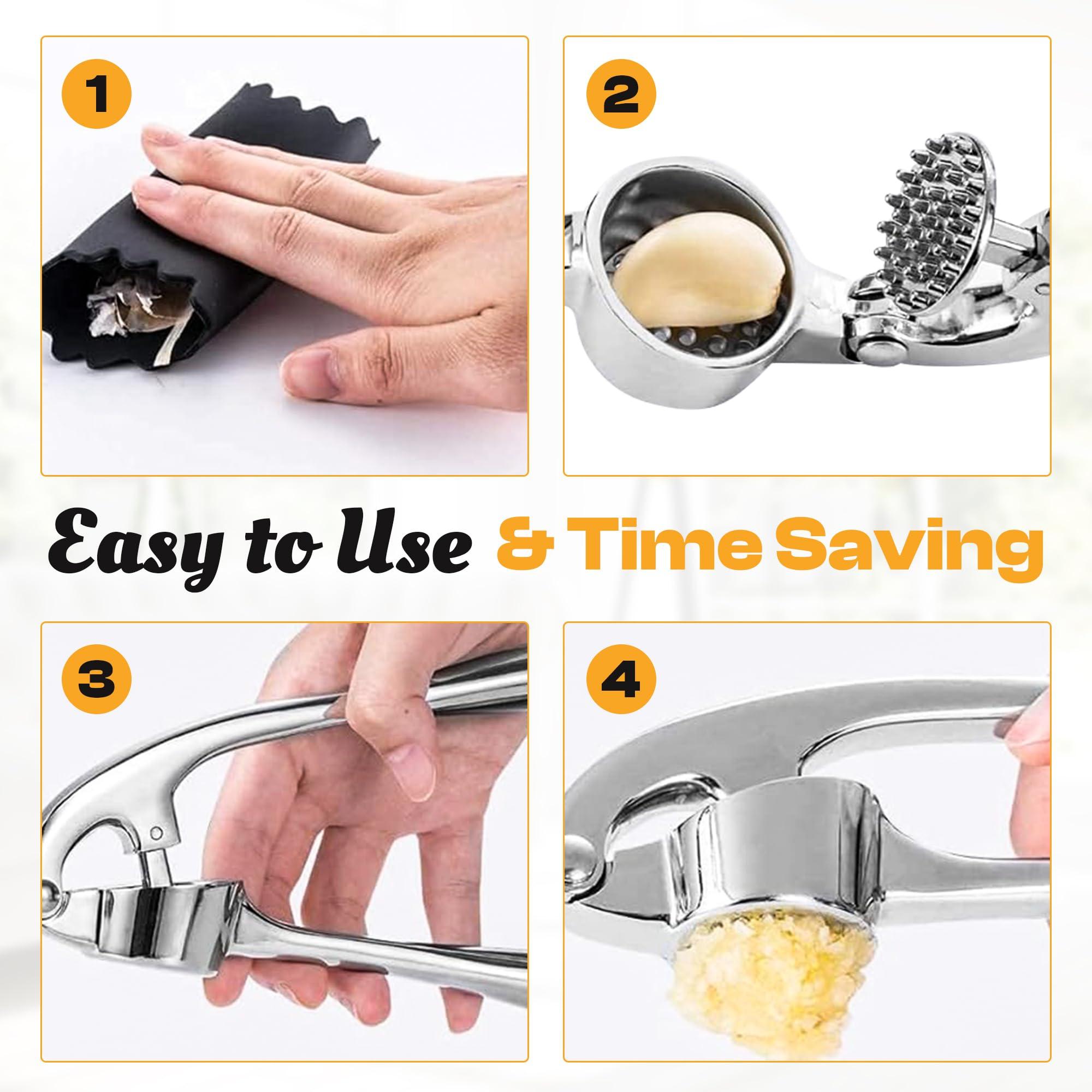 One Stop SHOPS Garlic Press Premium 3 Piece Set - Dishwasher Safe Professional Mincer with Soft Ergonomic Handle, Silicone Peeler, and Cleaning Brush