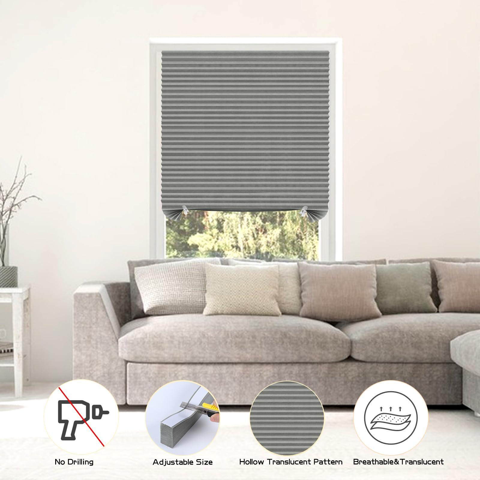 Jlong Paper Blackout Shades for Indoor Windows Temporary Cordless Paper Pleated Adhesive Blinds No Drill Privacy Fabric Window Coverings Stick on Blinds No Tools Curtains (1, Grey, WxH/47x83Inches)