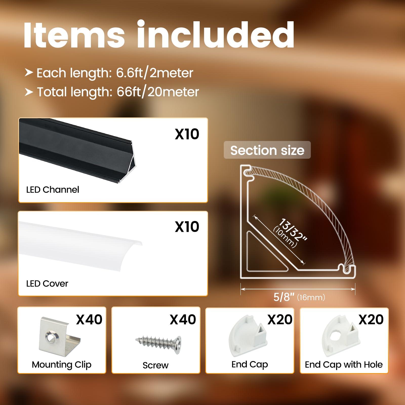 Muzata Muzata 10Pack 6.6FT/2M V Shape LED Channel Black Aluminum LED Strip Diffuser Channel with Milky White Cover Corner Lighting Easy Installation V1SW BW 2M