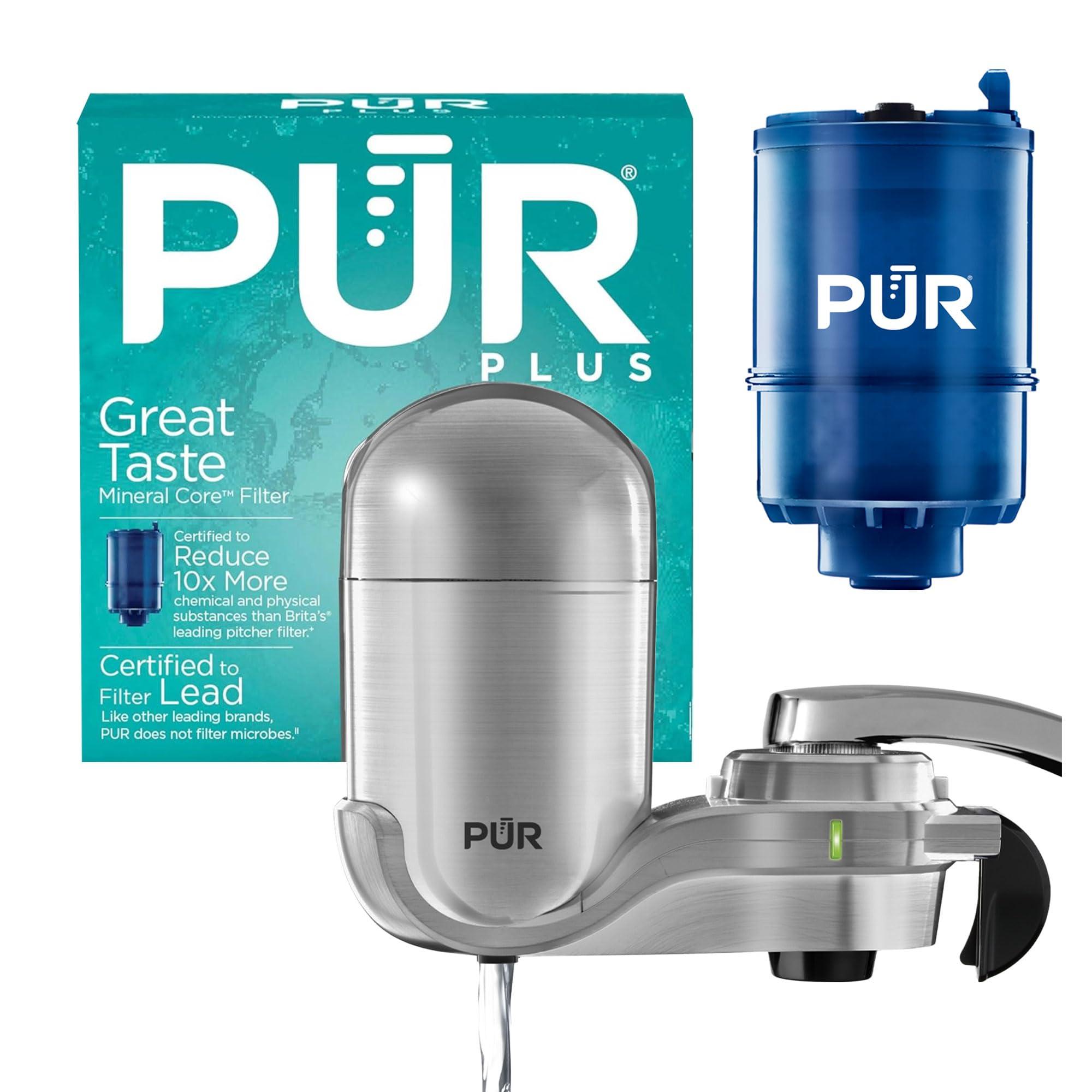 PUR PUR PLUS Vertical Faucet Mount Water Filtration System with 3-in-1 Lead Reducing Filter for Great-Tasting Filtered Tap Water, Lasts 100 Gallons, Fits Most Kitchen or Bathroom Faucets, Stainless Steel
