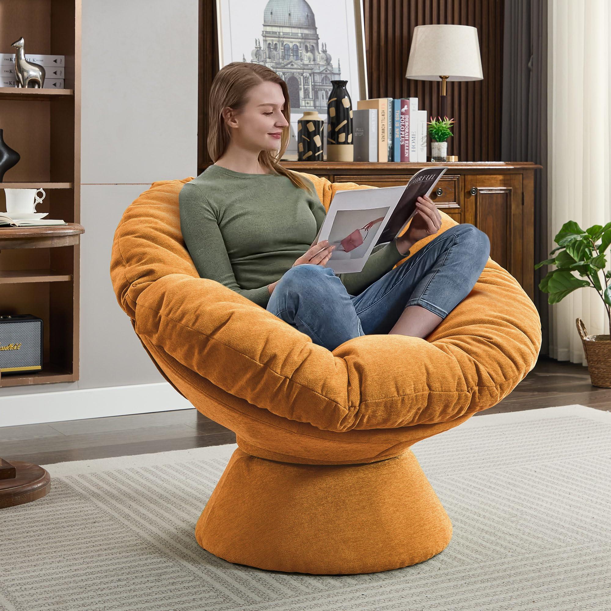 SLEERWAY Papasan Chair with Cushion and Frame, 360 Swivel Accent Chair, Comfy Chenille Upholstered Round Chair, Modern Oversized Reading Chair with Metal Base Lazy Chair for Bedroom, Living Room, Orange