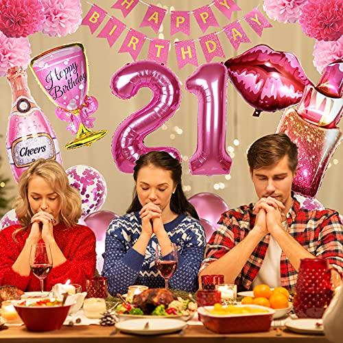 Crenics Crenics 21st Birthday Decorations for Her - Rose Pink Happy Birthday Banner, Pom Poms, 21 Number Balloon, Lipstick Champagne Balloons and 24 Latex Balloons for 21st Girls Women Birthday Party Supplies