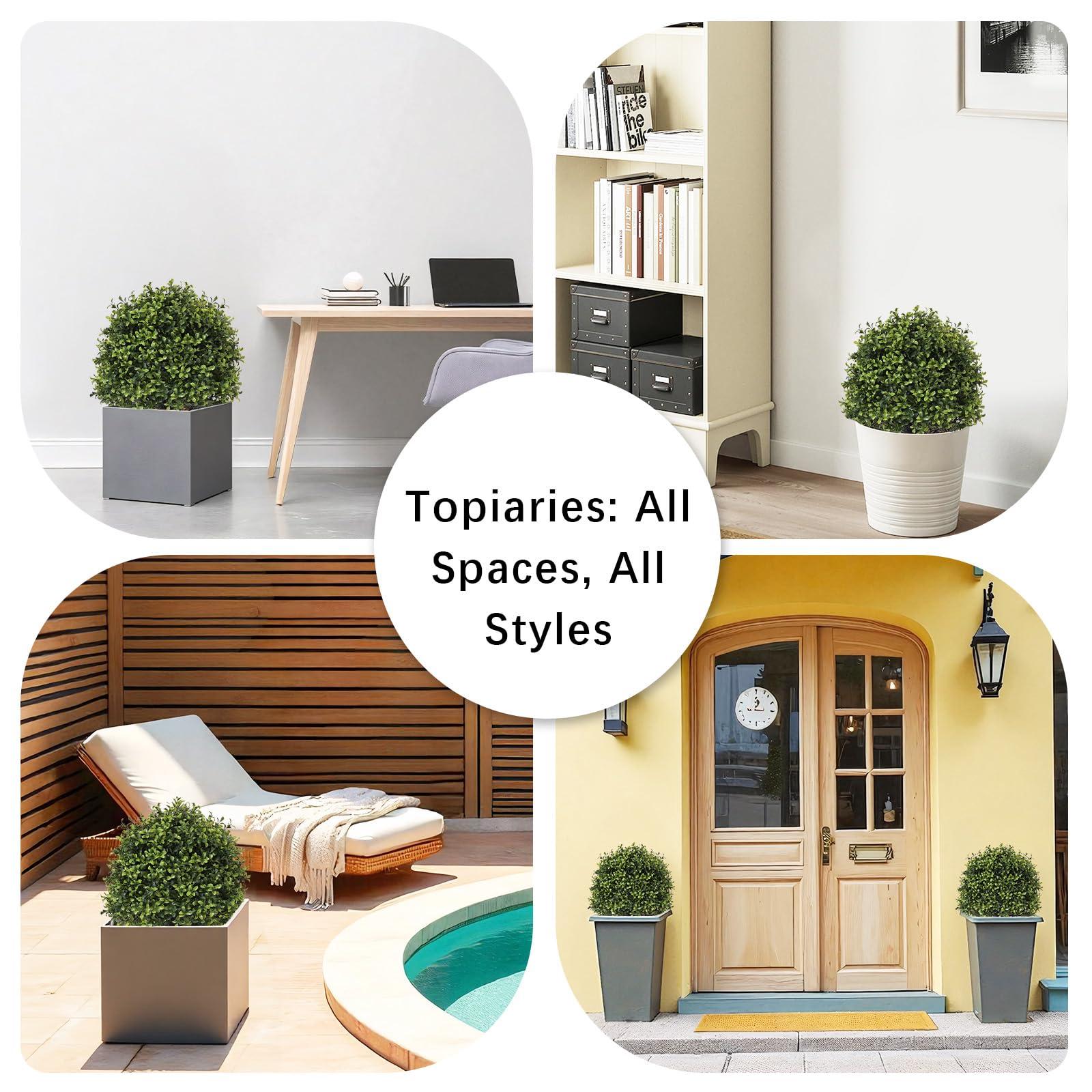 Azoco Azoco 27 Realistic Artificial Topiary Trees Set of 2, Faux Boxwood Plants Outdoor with Cement Planter, UV-Resistant Fake Evergreen Potted Ball Bushes & Shrubs for Front Porch Patio Entryway Decor